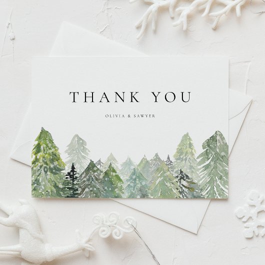 Snowy Evergreen Forest Winter Wedding Thank You ポストカード