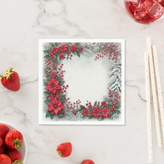 Snowy Evergreen Poinsettia Floral Frame Decoupage スタンダードカクテルナプキン (インサイチュ)