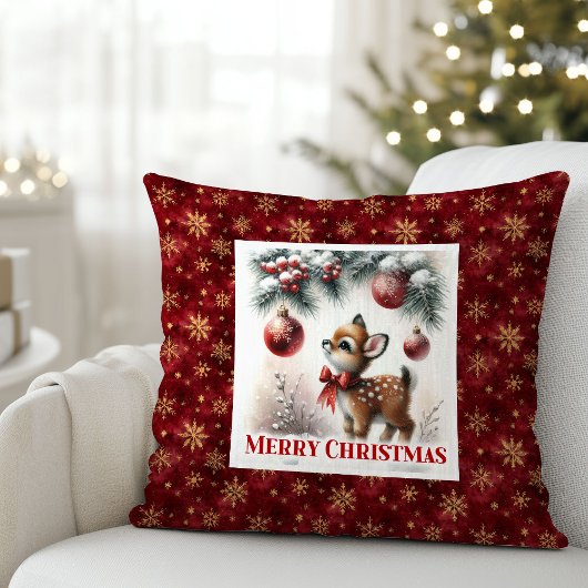 Snowy festive scene baby fawn Christmas pillow  クッション