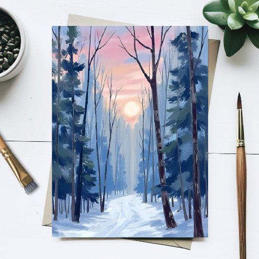 Snowy Forest Path Winter Sunlight Watercolor ポストカード