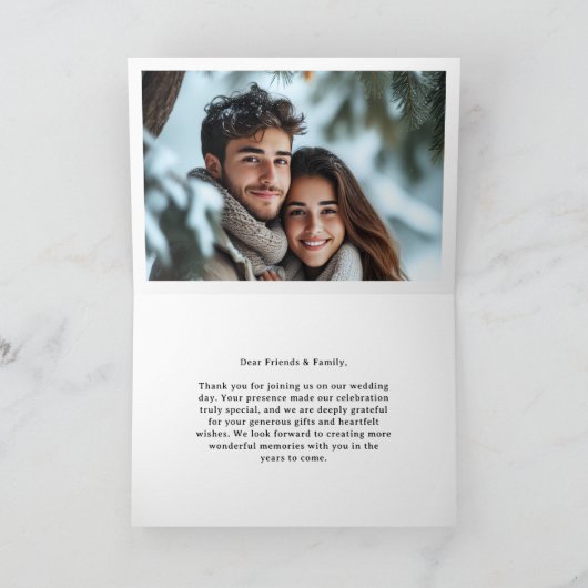 Snowy Forest Pine Mountain Winter Wedding Folded サンキューカード (内部)