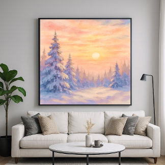 Snowy Forest Sunset - Watercolor Style Art ポスター