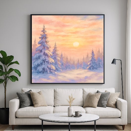 Snowy Forest Sunset - Watercolor Style Art ポスター