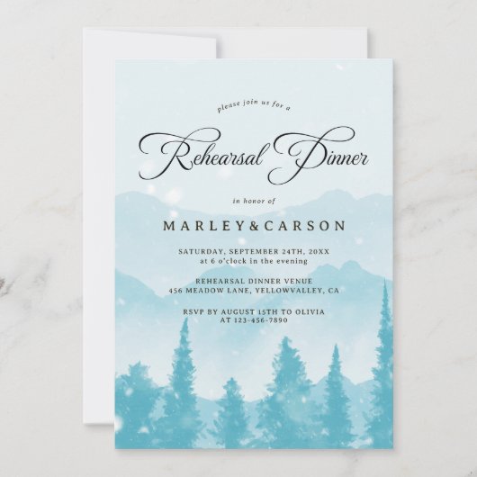 Snowy Forest Winter Wedding Rehearsal Dinner 招待状 (正面)
