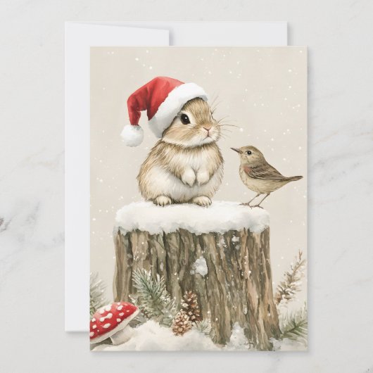 Snowy Forest Winter Woodland Christmas Bunny Bird シーズンカード (正面)