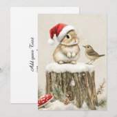 Snowy Forest Winter Woodland Christmas Bunny Bird シーズンカード (正面/裏面)