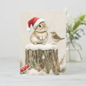 Snowy Forest Winter Woodland Christmas Bunny Bird シーズンカード (スタンド正面)