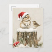 Snowy Forest Winter Woodland Christmas Bunny Bird  シーズンポストカード (正面/裏面)