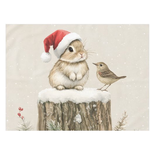 Snowy Forest Winter Woodland Christmas Bunny Bird  テーブルクロス (正面(横))