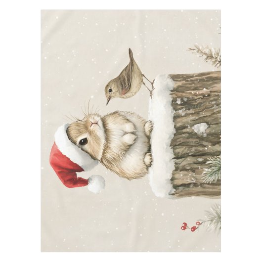 Snowy Forest Winter Woodland Christmas Bunny Bird テーブルクロス (正面)