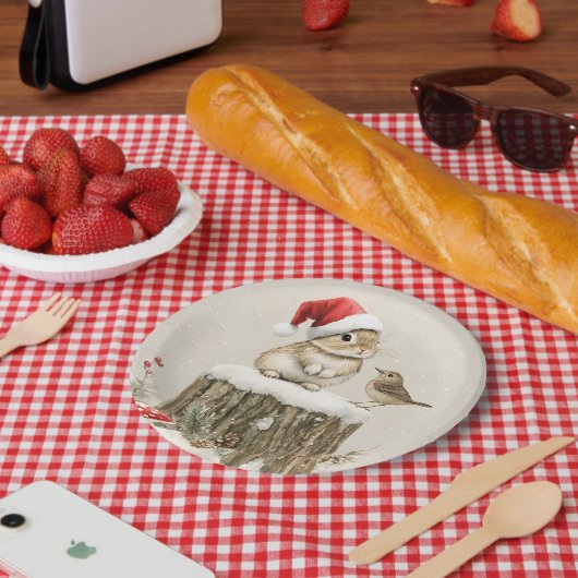 Snowy Forest Winter Woodland Christmas Bunny Bird ペーパープレート (ピクニック)