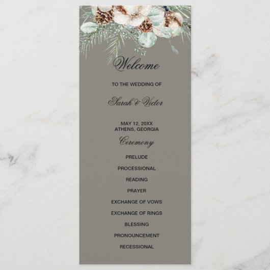 Snowy Greenery floral double side program card  プログラム (正面)