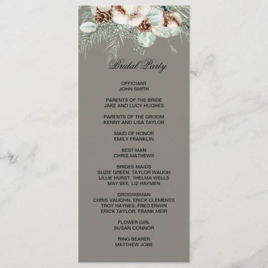 Snowy Greenery floral double side program card プログラム (裏面)