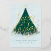 Snowy Happy Holidays Tree Forest Green Photo Gold 箔シーズンカード (正面)