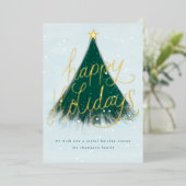Snowy Happy Holidays Tree Forest Green Photo Gold 箔シーズンカード (立ち正面)
