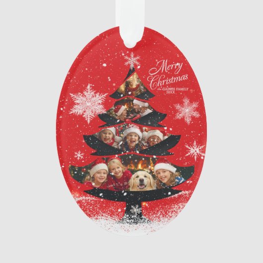 Snowy Merry Christmas Family Photo Tree オーナメント (正面)