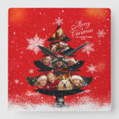 Snowy Merry Christmas Family Photo Tree スクエア壁時計 (正面)