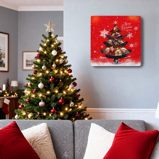 Snowy Merry Christmas Family Photo Tree スクエア壁時計