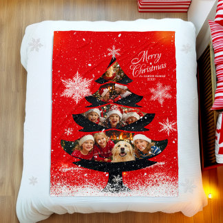 Snowy Merry Christmas Family Photo Tree フリースブランケット