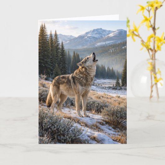 Snowy Mountain Howling Gray Wolf Wilderness Blank カード (黄色い花)