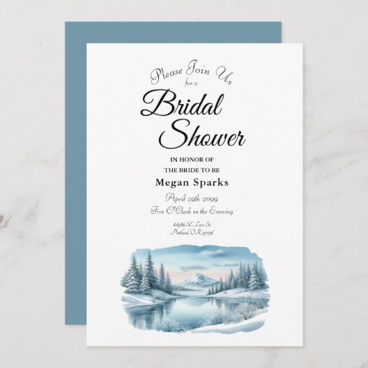 Snowy Mountain Winter Lake Bridal Shower 招待状 (正面/裏面)