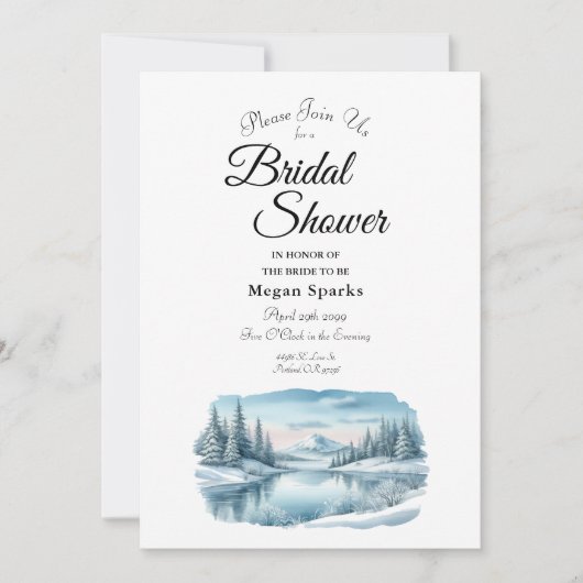 Snowy Mountain Winter Lake Bridal Shower 招待状 (正面)