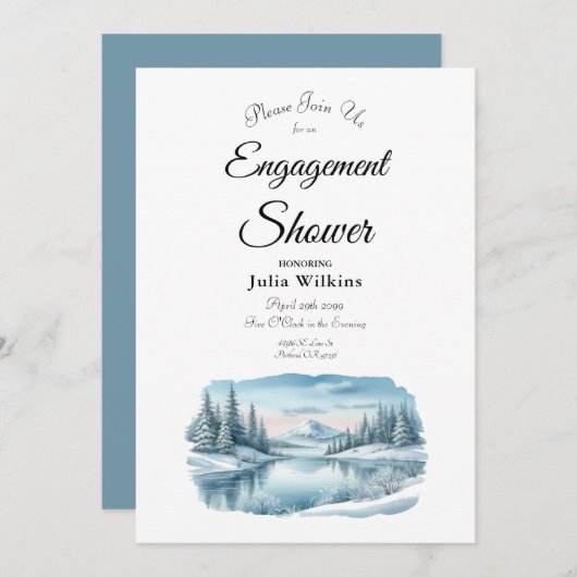 Snowy Mountain Winter Lake Engagement Shower 招待状 (正面/裏面)