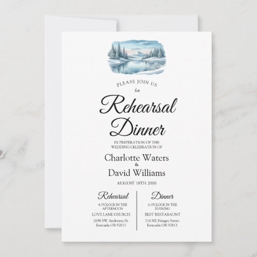 Snowy Mountain Winter Lake Rehearsal Dinner 招待状 (正面)