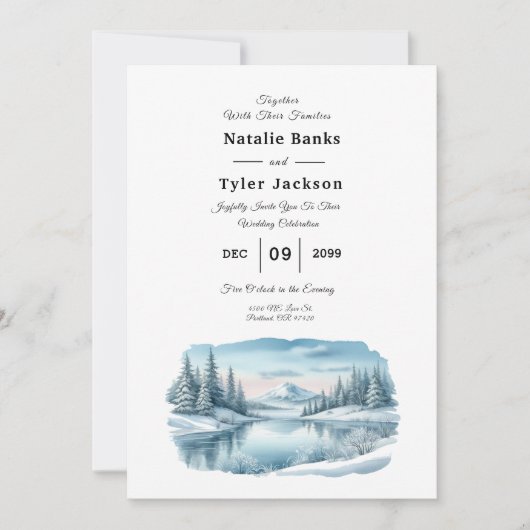 Snowy Mountain Winter Lake Wedding 招待状 (正面)