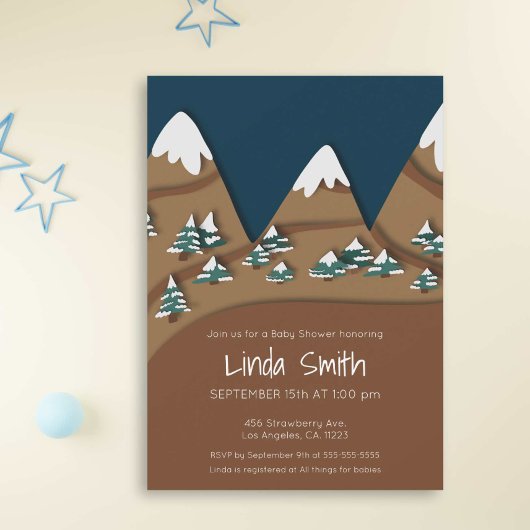 Snowy Mountains and Valley Winter Baby Shower 招待状