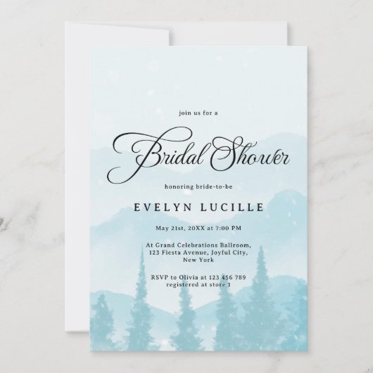Snowy Mountains Winter Forest Bridal Shower 招待状 (正面)
