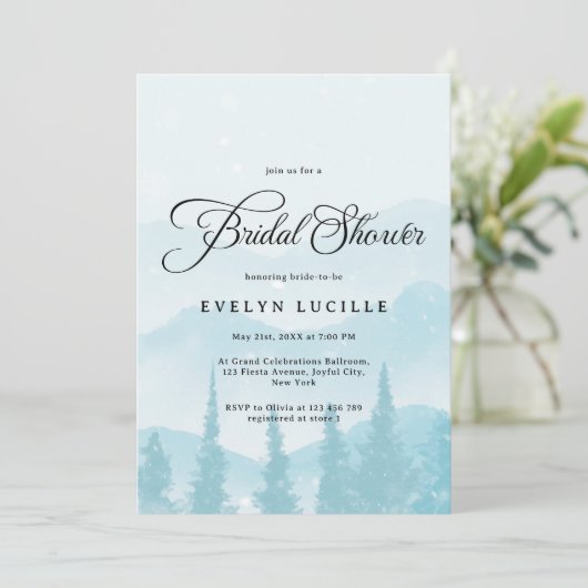 Snowy Mountains Winter Forest Bridal Shower 招待状 (スタンド正面)