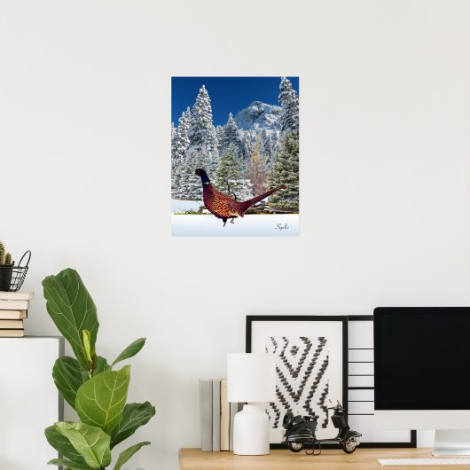 Snowy Mountains with Pheasant Semi Gloss Poster ポスター (ホームオフィス)