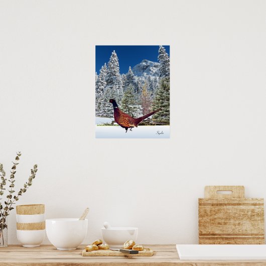 Snowy Mountains with Pheasant Semi Gloss Poster ポスター (キッチン)
