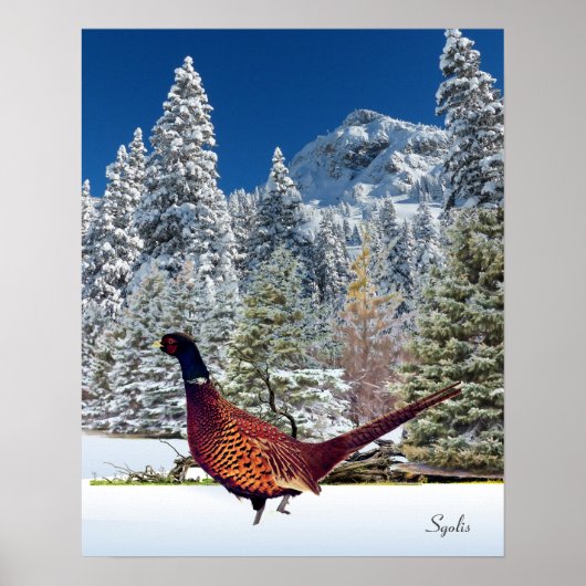 Snowy Mountains with Pheasant Semi Gloss Poster ポスター (正面)
