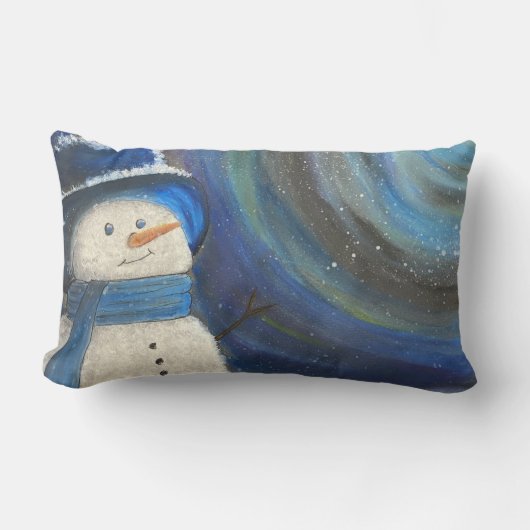 Snowy Night Snowman Throw Pillow Original Art ランバークッション (正面)