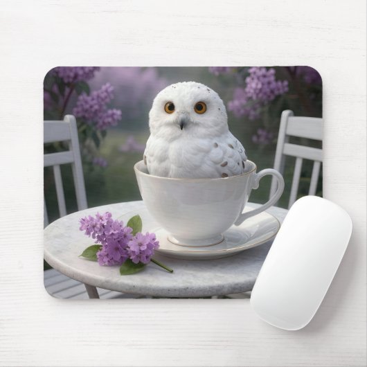 Snowy Owl in a Teacup with Lilacs マウスパッド (マウス)