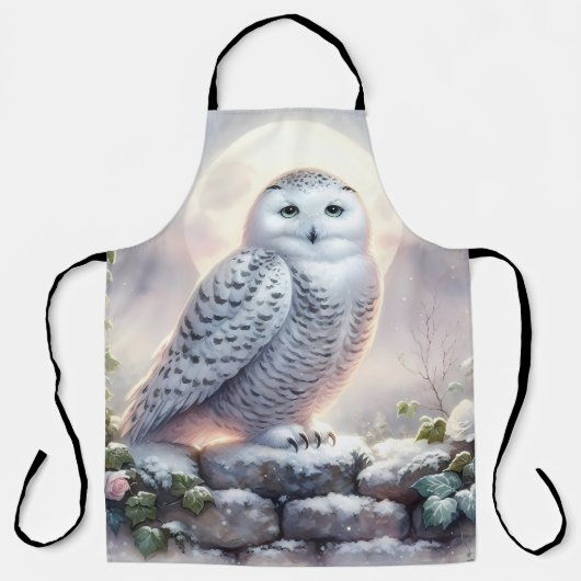 Snowy Owl in Moonlit Winter Garden エプロン (正面)