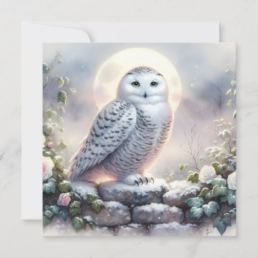 Snowy Owl in Moonlit Winter Garden カード (正面)
