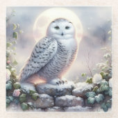 Snowy Owl in Moonlit Winter Garden ガラスコースター (正面)