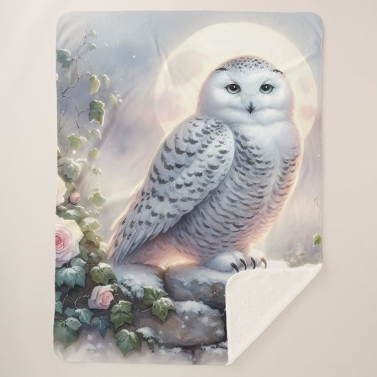 Snowy Owl in Moonlit Winter Garden シェルパブランケット (正面)