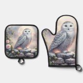Snowy Owl in Moonlit Winter Garden 鍋つかみ&鍋敷きセット (正面)