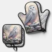Snowy Owl in Moonlit Winter Garden 鍋つかみ&鍋敷きセット (正面/裏面)
