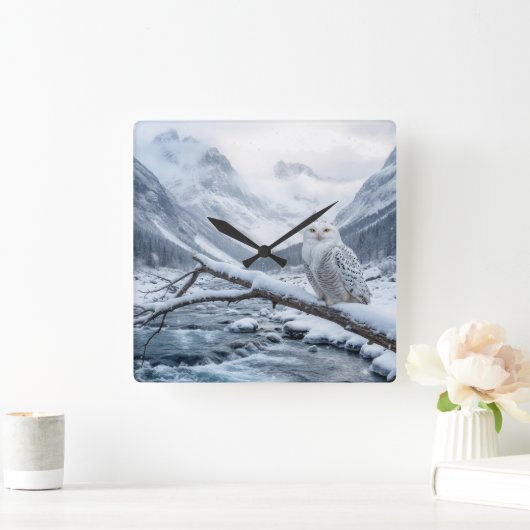 Snowy Owl On a Winter Tree Branch スクエア壁時計 (ホーム)
