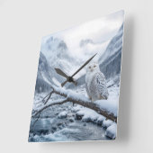 Snowy Owl On a Winter Tree Branch スクエア壁時計 (傾斜)
