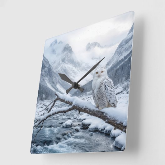 Snowy Owl On a Winter Tree Branch スクエア壁時計 (傾斜)