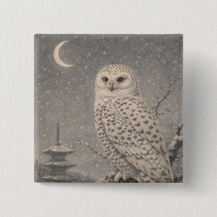 Snowy Owl Pin Badge, Japanese Moon Pagoda Wildlife 缶バッジ