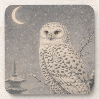 Snowy Owl Plastic Coaster, Japanese Moon Pagoda De コースター