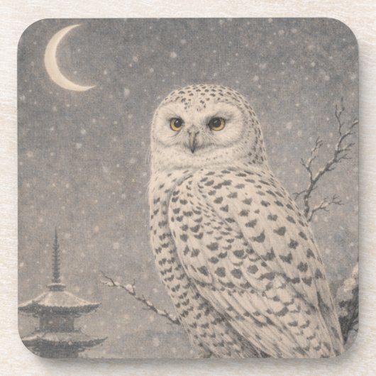 Snowy Owl Plastic Coaster, Japanese Moon Pagoda De コースター (正面)