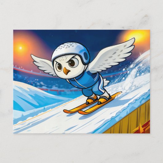 Snowy Owl Ski Jumping from a Winter Ski Ramp ポストカード (正面)